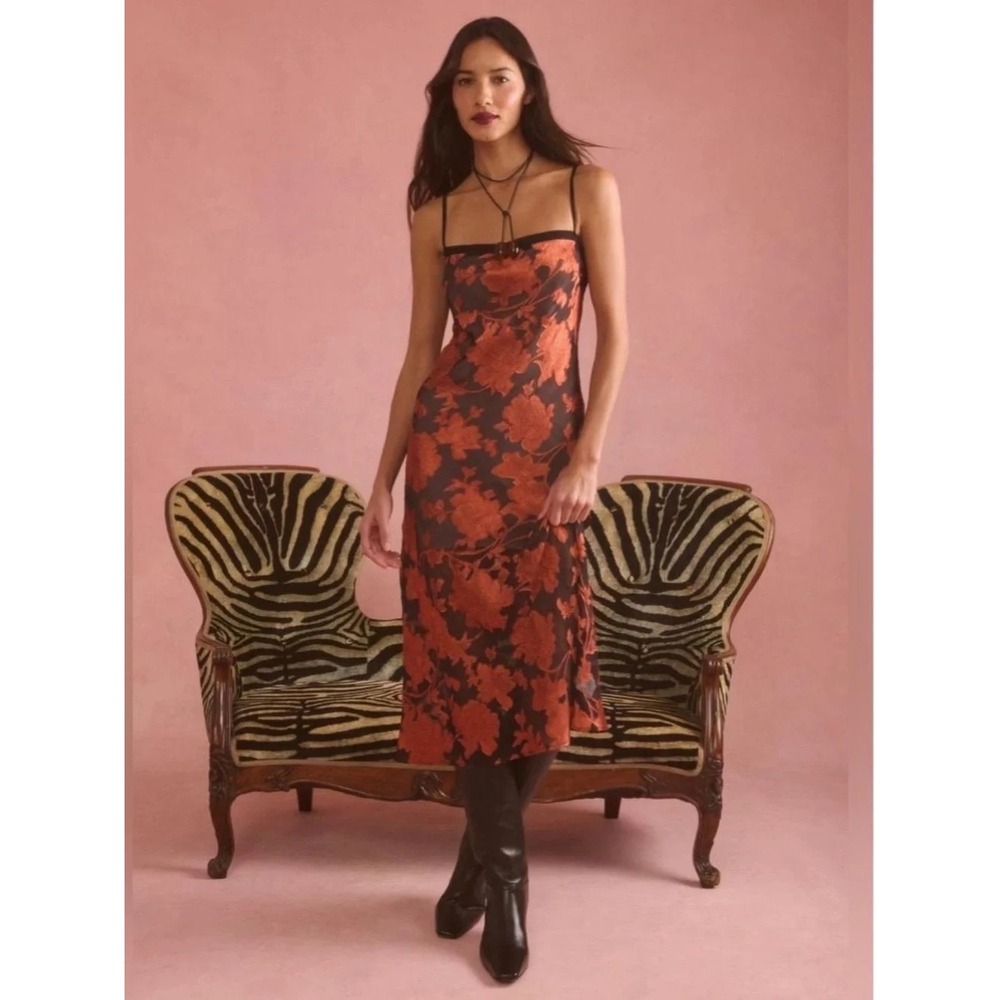 Kourt Winona Floral Embroidered Midi Slip Dress Copper Size 6 NEW